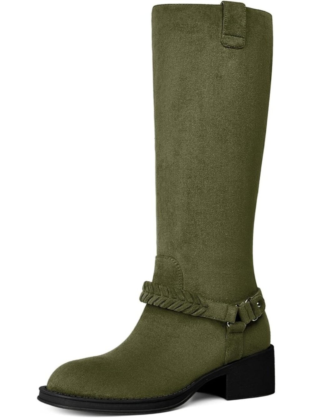 Women's Green Braided Strap Round Toe Pull On Chunky Block Heel Knee High Boots